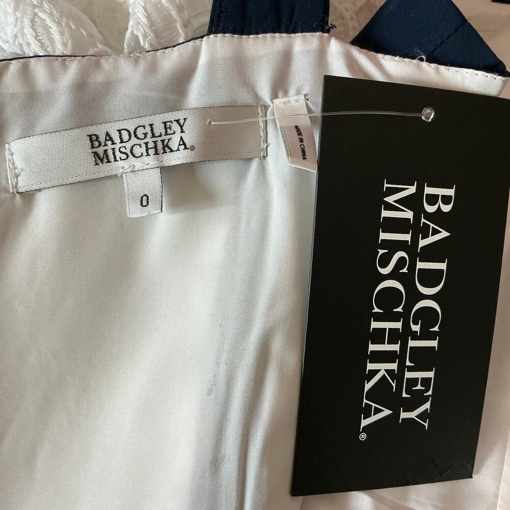 Badgley Mischka Lace Fit and Flare Midi Cocktail Dress Blue and White Size 0 - Picture 11 of 12